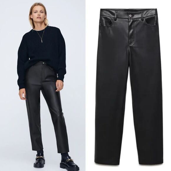 Zara Pants - Zara Faux Leather Black Pants Straight Leg Size 2